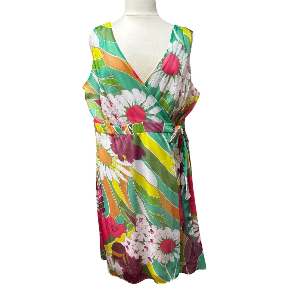 Jonathan Martin Floral Wrap Dress Green Pink Yellow V-Neck Sleeveless 22W #134